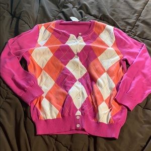 Pink/orange/white argyle button up sweater